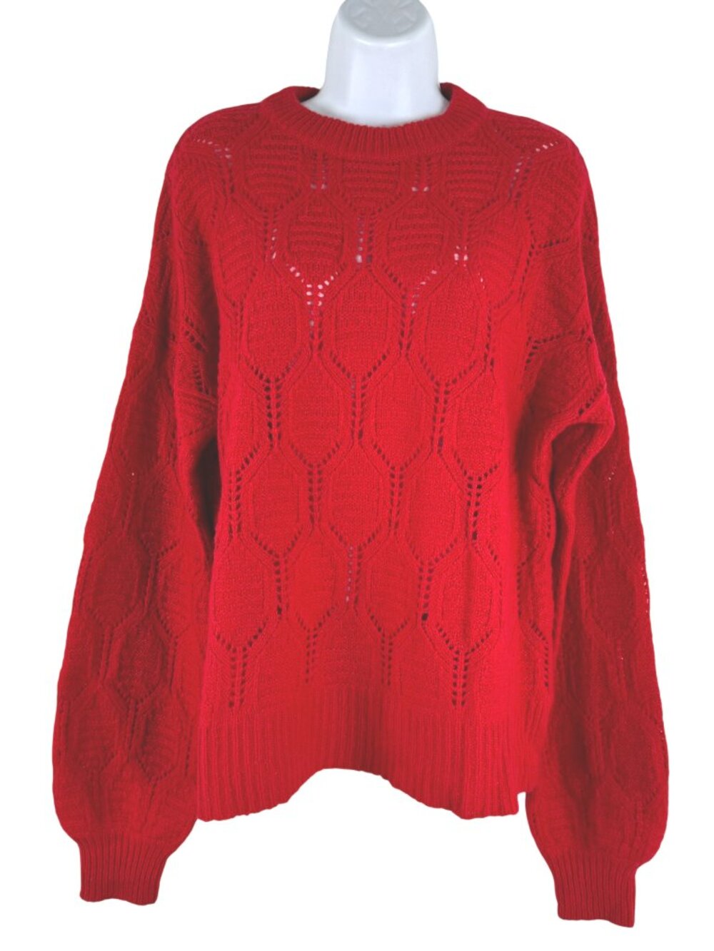 Autumn Cashmere Sweater Womens XL Red Open Knit Bishop Sleeve FS-1560